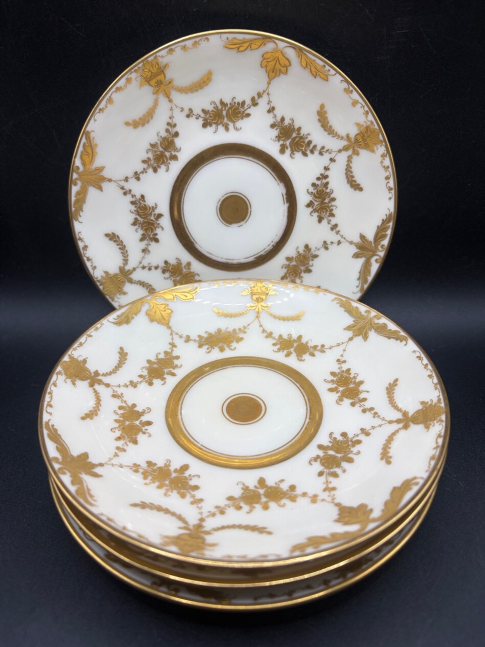 Richard Wehsener Dresden Germany Antique Gold Leaf Floral Porcelain Saucers